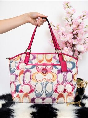 COACH 21910 OP ART SIGNATURE TOTE PINK CANVAS LEATHER